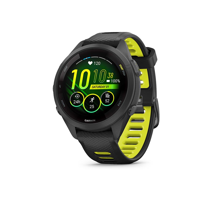 Garmin, Forerunner 265S Music, Watch, Watch Color: Black, Wristband: Black/Amp Yellow - Silicone