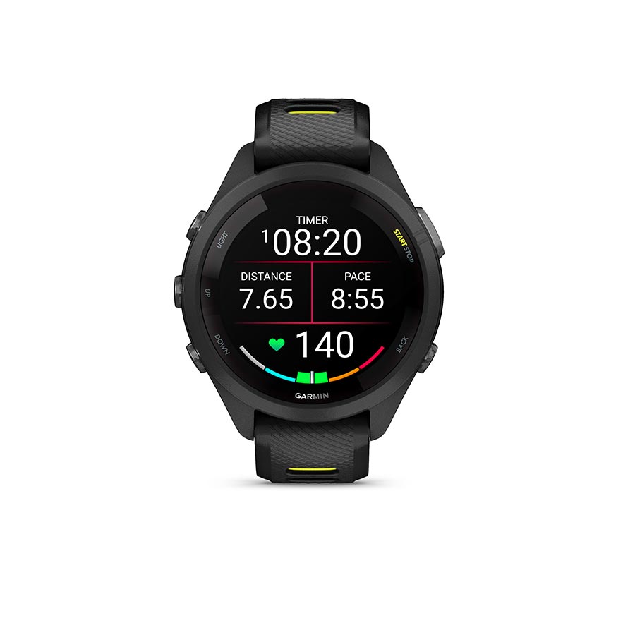 Garmin, Forerunner 265S Music, Watch, Watch Color: Black, Wristband: Black/Amp Yellow - Silicone