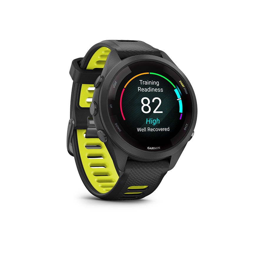 Garmin, Forerunner 265S Music, Watch, Watch Color: Black, Wristband: Black/Amp Yellow - Silicone