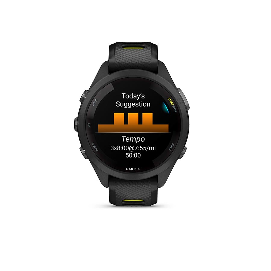 Garmin, Forerunner 265S Music, Watch, Watch Color: Black, Wristband: Black/Amp Yellow - Silicone