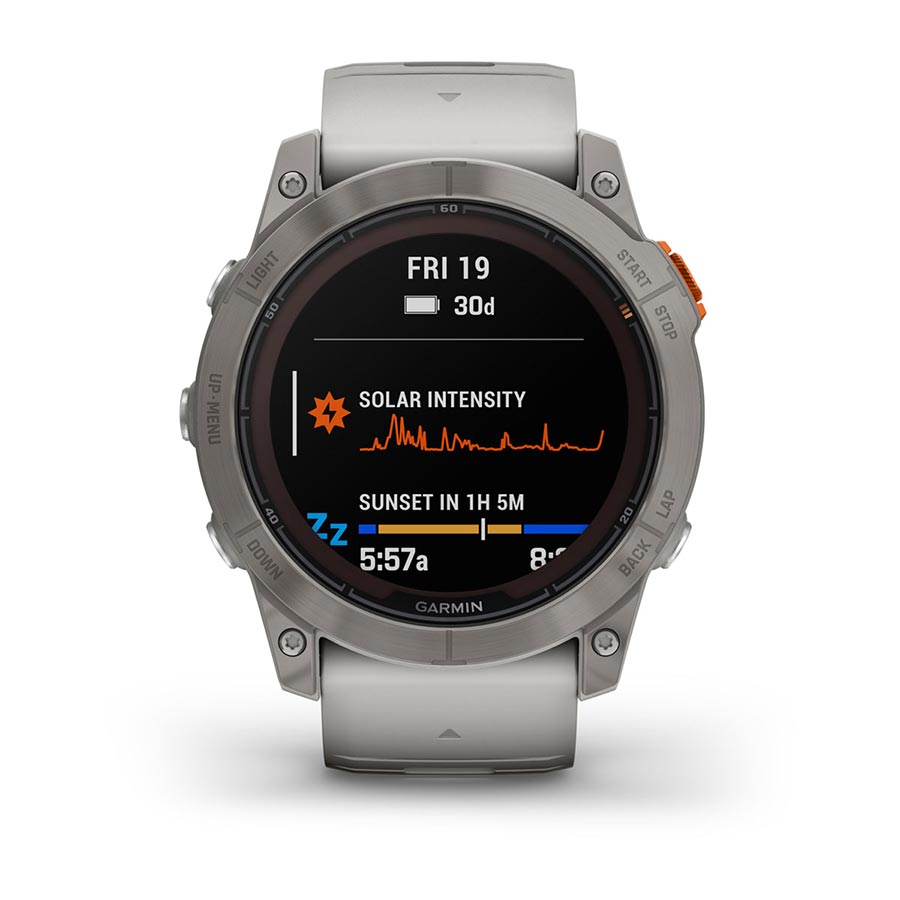 Garmin, fenix 7X Pro Sapphire Solar, Watch, Watch Color: Titanium, Wristband: Fog Grey/ Ember Orange - Silicone