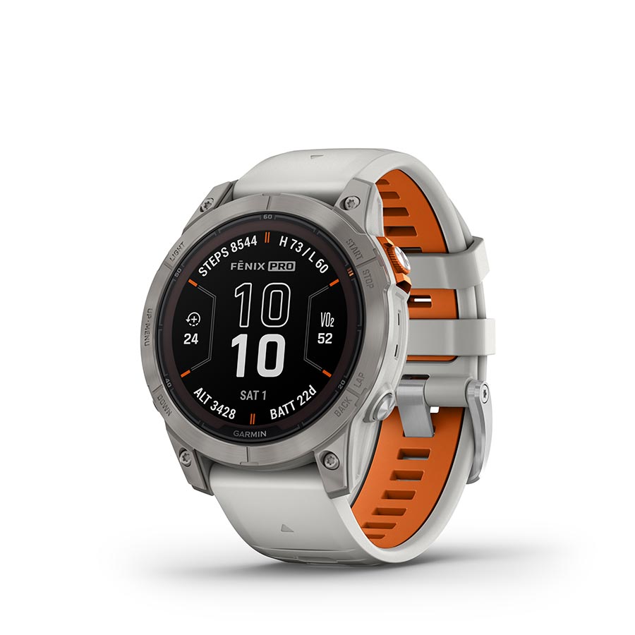 Garmin, fenix 7 Pro Sapphire Solar, Watch, Watch Color: Titanium, Wristband: Fog Grey/ Ember Orange - Silicone