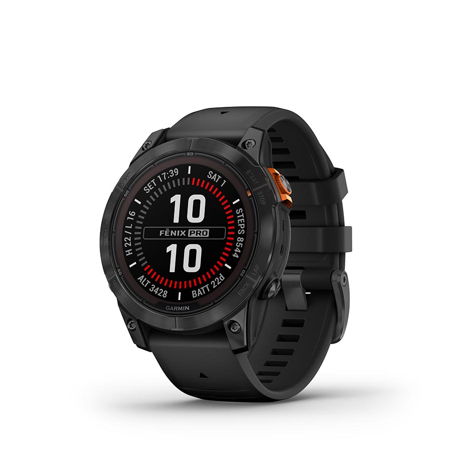 Garmin, fenix 7 Pro Solar, Glass, Watch, Watch Color: Slate Grey, Wristband: Black - Silicone